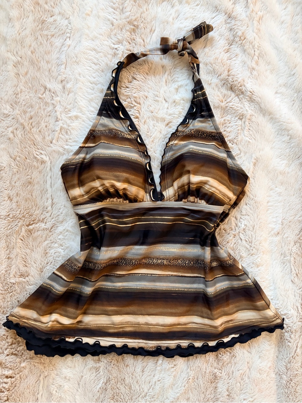 🤎 Vintage Y2K Halter Swim Tankini Top Brown Ruffle Hem Coquette Going Out Top